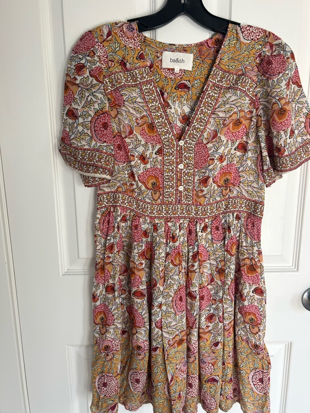 ba&sh Pink and Mustard Floral V-Neck Tiered Mini Dress